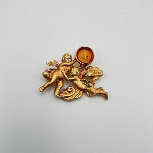 Vintage Louis Stern LS SIGNED Cherub Angel Baltic Amber Cabochon Gold Brooch Pin